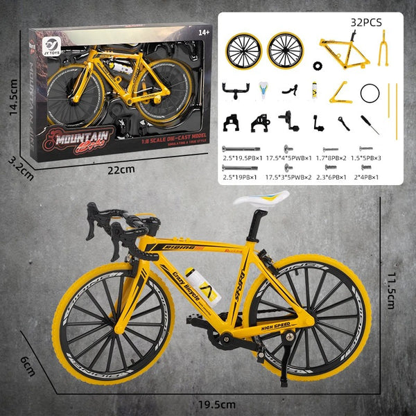 Boxed Mountainbike Metalen Bouwpakket (1:8, Diverse Kleuren) - Sportief Fietsmodel van SlimSpul nederland b.v. bevat losse onderdelen (rechtsboven). Afmetingen: doos 22x14.5x6cm, fiets 19.5x11.5x6cm-een origineel cadeau voor fietsfans!.