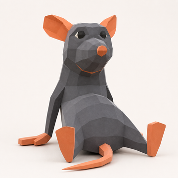 Zittende donkergrijze rat als groot geometrisch 3D papiermodel met oranje oren, neus, poten en staart