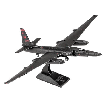 Zwarte U-2 Dragon Lady als metalen bouwmodel schuin van voren met lange vleugels, wielstel en displayvoet