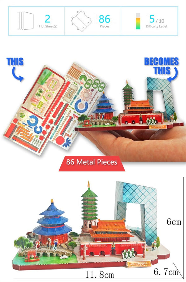 Peking bouwpakket met twee metalen platen, 86 onderdelen en afmetingen 11,8 bij 6,7 bij 6 centimeter