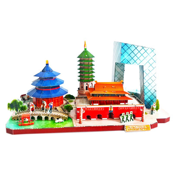 Compleet Peking metalen stadsgezicht met Tempel van de Hemel, pagode, paleispoort en moderne lusvormige toren