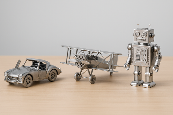 Het SlimSpul verrassingspakket met 3 metalen bouwpakketten bevat een vintage auto, een dubbeldekker en een retro robot. Perfect voor bouwsetfans van 14+ en mooi gepresenteerd op een lichte houten ondergrond tegen een grijze achtergrond.