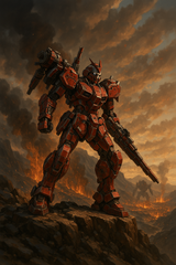 Het Red Thunder Robot Metalen Bouwpakket van SlimSpul nederland b.v. staat hoog op een rotsachtig terrein te midden van dramatische wolken en vuren, terwijl een kleinere robot in de verte verschijnt en een epische sci-fi display scène creëert.
