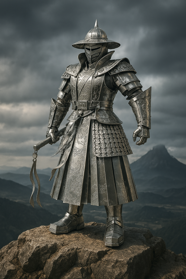 Een Imperial Guard Ming Dynasty Metalen Bouwpakket - Chinese Krijger Figuur van SlimSpul nederland b.v. staat in gegraveerd harnas op een rotsachtige piek, vlegel in de hand, onder donkere wolken en bergen in de verte - een echt pronkstuk.