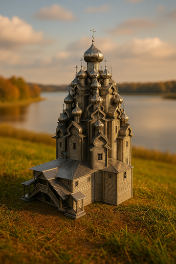 De Kerk van Gedaanteverandering Metalen Bouwpakket - Russisch Houten Meesterwerk Miniatuur van SlimSpul nederland b.v. is perfect voor liefhebbers: een schitterend model van een houten Orthodoxe kerk met vele koepels en herfstlandschap.