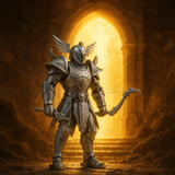 De Ridder van het Licht Metalen Bouwpakket - Fantasy Krijger Figuur van SlimSpul nederland b.v. toont een ridder in sierlijk zilveren harnas met vleugelhelm en boog, verlicht door gouden licht, omringd door donkere stenen muren.