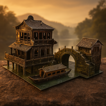 Het Wuzhen Waterdorp Metalen Bouwpakket - Chinees Architectuur Miniatuur van SlimSpul nederland b.v. toont een traditioneel Aziatisch waterhuis, stenen brug en boot - perfect als metalen modelbouw of unieke Wuzhen display.