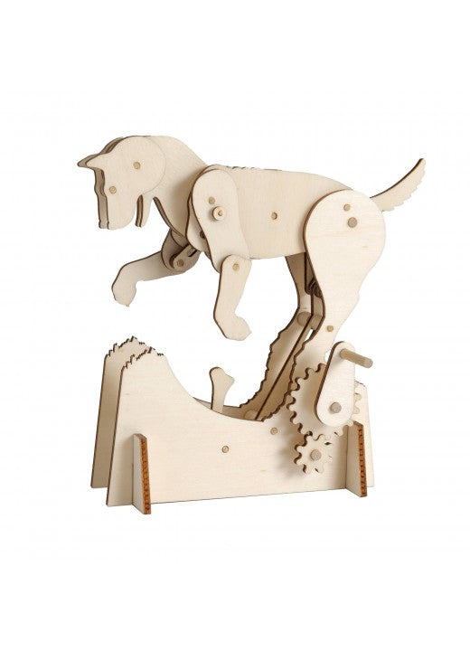 Het Gravend Hondje Houtconstructie - Bewegend Dier Model (Timberkits) van SlimSpul nederland b.v. is een houten mechanische hond met beweegbare gewrichten en tandwielen - draai aan de slinger om hem te zien graven, perfect doe-het-zelf plezier voor hondenliefhebbers.