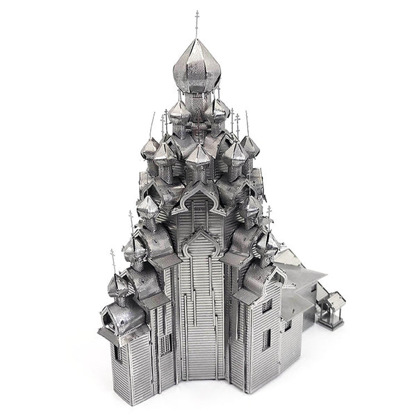 Het SlimSpul nederland b.v. Kerk van Gedaanteverandering Metalen Bouwpakket is een gedetailleerd miniatuurmodel van een Russisch-orthodoxe kerk met sierlijke koepels, weergegeven op een effen witte achtergrond.
