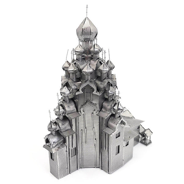 De Kerk van Gedaanteverandering Metalen Bouwpakket - Russisch Houten Meesterwerk Miniatuur van SlimSpul nederland b.v. is een gedetailleerd zilveren model met uienkoepels, kruizen en gelaagde daken, weergegeven op een witte achtergrond.