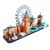 Compleet Londen metalen stadsgezicht met London Eye, Elizabeth Tower, Tower Bridge, paleisgevel en rode dubbeldekker