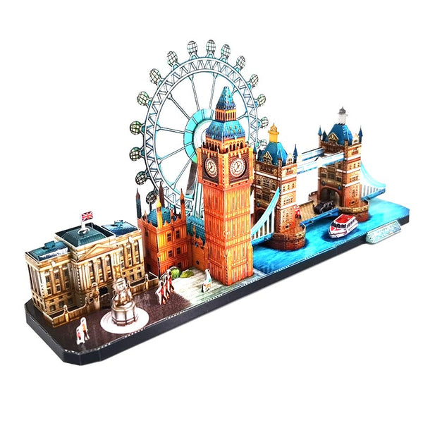 Compleet Londen metalen stadsgezicht met London Eye, Elizabeth Tower, Tower Bridge, paleisgevel en rode dubbeldekker