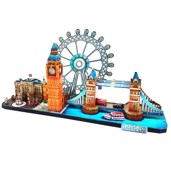 Londen metalen architectuurmodel vanaf de rivierzijde met London Eye, Tower Bridge en boot