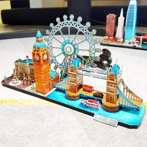 Londen metalen bouwmodel vanuit de andere hoek met paleisgevel, Elizabeth Tower en London Eye