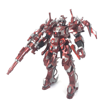 Red Thunder rood-zilveren mecha robot van voren met groot armkanon, schoudermodules en gelaagd pantser