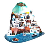 Santorini metalen architectuurmodel schuin van voren met oplopende witte huizen boven helderblauw water