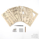 De Sky Lodge DIY houten modelbouwset van Tiny Treehouses Europe bevat lasergesneden houten bladen, een pincet, een pen, LED-lampjes, een elektronisch onderdeel met draad, een blad met structuur en gedrukte instructies - alles op een witte achtergrond.