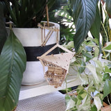 De Sky Lodge van Tiny Treehouses Europe, een gedetailleerd doe-het-zelf houten huisje, hangt tussen groene bladeren naast een witte plantenbak met een zwarte streep op een witte plank.