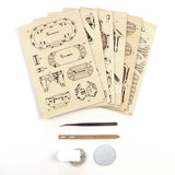 Zes lasergesneden houten platen, een pincet, een metalen gereedschap, LED-lampjes, een draadrol, een zilveren schijf en een plakbanddispenser van Tiny Treehouses Europe's Temple of Joy - alles wat je nodig hebt voor een leuk doe-het-zelf houten modelbouwproject.