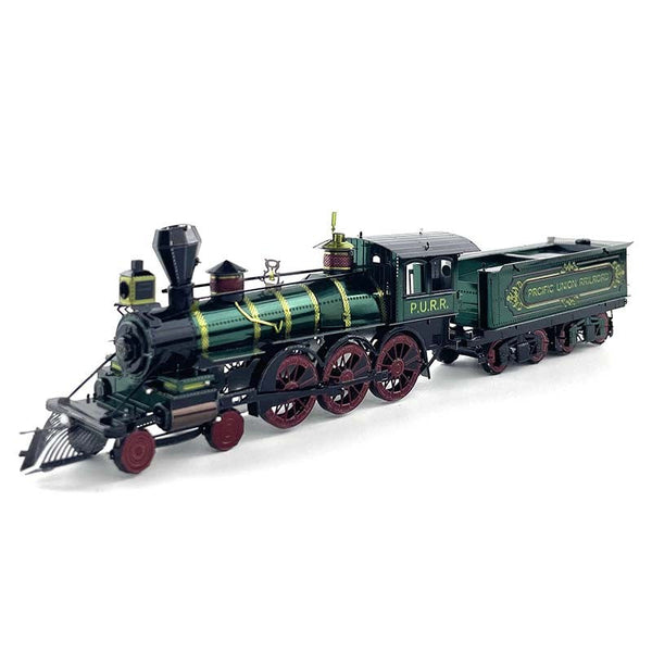 Groene westernlocomotief vanuit de andere voorhoek met koplamp, schoorsteen en gekoppelde tender