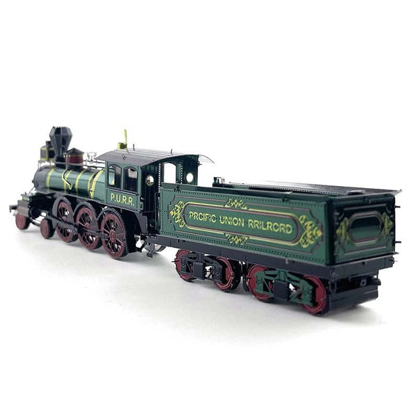 Achteraanzicht van de groene Pacific Union Railroad-tender met de locomotief ervoor