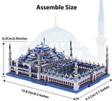 Zet het Blauwe Moskee Istanbul Metalen Bouwpakket - Architectonische Miniatuur van SlimSpul nederland b.v. in elkaar, een blauw-wit 3D-moskee model (6,3x15,8x9,5 cm) met minaretten, geïnspireerd op Ottomaanse architectuur - perfect voor liefhebbers van metalen modelbouw.