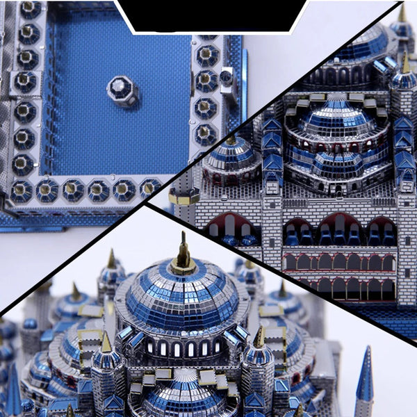Close-up collage van het Blauwe Moskee Istanbul Metalen Bouwpakket van SlimSpul nederland b.v. - een architectonisch miniatuur met blauwe en zilveren koepels, torens en ingewikkelde details in Ottomaanse stijl, dat lijkt op een historische moskee.