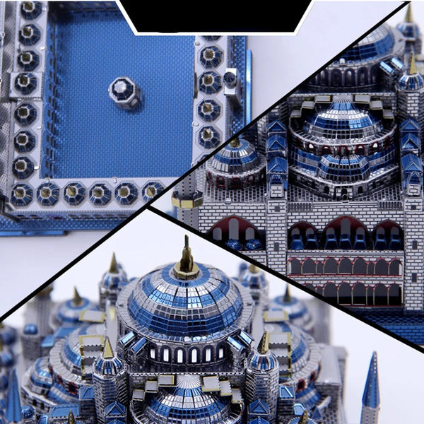 Close-up beelden van het Blauwe Moskee Istanbul Metalen Bouwpakket - Architectonische Miniatuur van SlimSpul nederland b.v., met koepels, torens en bogen die de Ottomaanse architectuur weergeven in deze prachtige metalen modelbouwset.