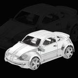 Het SlimSpul moderne kever - metalen bouwpakket is een gedetailleerde, glanzend zilveren modelauto met sportieve rondingen, zichtbare wielen en een aerodynamisch ontwerp, afgebeeld op een zwarte achtergrond met de vage contouren erachter.
