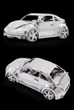 Twee aanzichten van de SlimSpul moderne kever - metalen bouwpakket modelauto verschijnen op een zwarte achtergrond, waardoor de glanzende zilveren afwerking, gedetailleerde wielen en ramen en het realistische ontwerp van de carrosserie worden benadrukt.