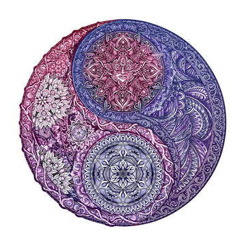 Ronde roze-paarse yin-yang houten A3-puzzel met zon, maan en fijne mandalapatronen