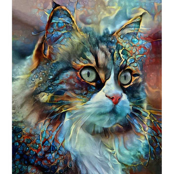 Groenogige iriserende kat in blauw, rood en geel als houten A3-puzzel