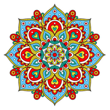 Kleurrijke hartbloemmandala met rode harten als houten A3-puzzel