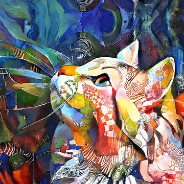 Abstracte iriserende kat in blauw, groen, rood en oranje als houten A3-puzzel
