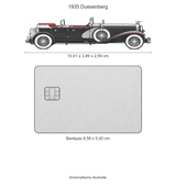 Schematische illustratie van de 1935 Duesenberg, 10,01 x 3,99 x 2,59 cm, op gelijke schaal naast een bankpas van 8,56 x 5,40 cm