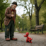 Rode ballonhond papercraft aan de riem van een oude clown in het park