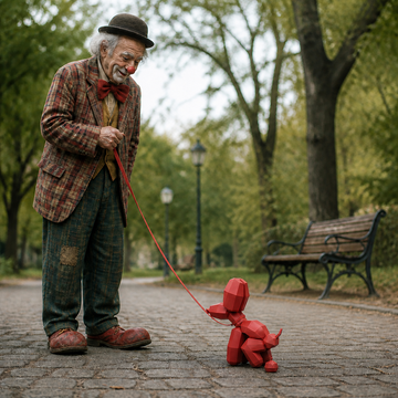 Rode poepende ballonhond van papier aan de riem van een oude clown in het park