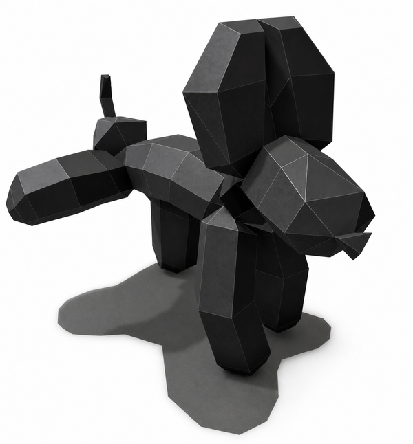 Zwarte plassende ballonhond papercraft met zachte studiobelichting