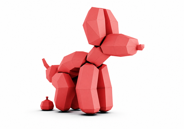 Rode ballonhond papercraft poepend, groot in beeld