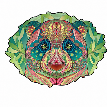 Kleurrijke beer houten figuurpuzzel met groene, roze en turquoise patronen