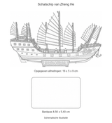 Schematische illustratie van de Chinese jonk met bankpas als maatvergelijking. Opgegeven modelmaten 16 x 5 x 9 cm; bankpas 8,56 x 5,40 cm.