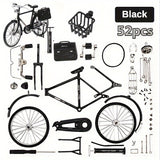 Flat lay van 52 zwarte onderdelen uit het Stadsfiets Metalen Bouwpakket (1:8, Zwart) van SlimSpul nederland b.v., klassiek fietsmodel, gerangschikt op wit. Complete fiets en "Black 52pcs" label ook afgebeeld.