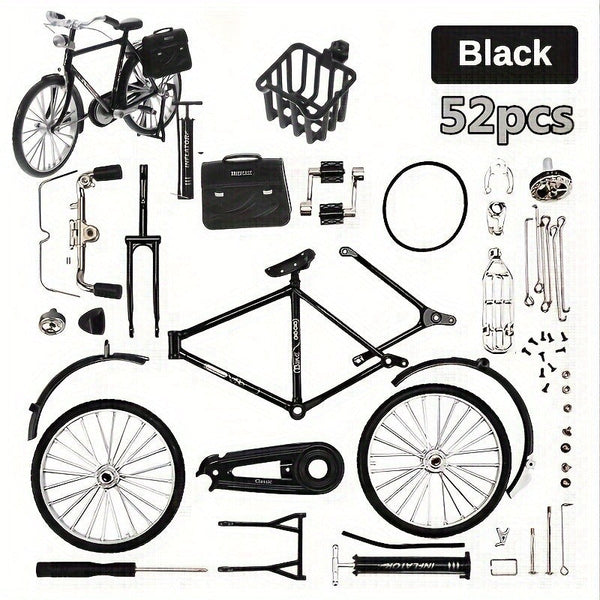 Het Stadsfiets Metalen Bouwpakket (1:8, Zwart of Groen) - Klassiek Fietsmodel van SlimSpul nederland b.v. wordt gedemonteerd in 52 onderdelen getoond op een witte achtergrond, met linksboven een kleine afbeelding van de complete fiets.