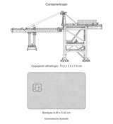 Schematische illustratie containerkraan in zijaanzicht met bankpas. Opgegeven modelmaten 13,4 x 3,4 x 7,4 cm; bankpas 8,56 x 5,40 cm.