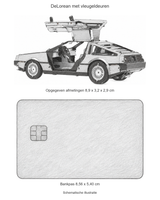 Schematische illustratie van de DeLorean met bankpas als maatvergelijking. Opgegeven modelmaten 8,9 x 3,2 x 2,9 cm; bankpas 8,56 x 5,40 cm.