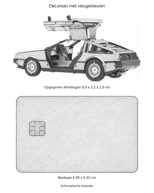 Schematische illustratie van de DeLorean met bankpas als maatvergelijking. Opgegeven modelmaten 8,9 x 3,2 x 2,9 cm; bankpas 8,56 x 5,40 cm.