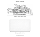 Schematische illustratie van de metalen dozer, 10,8 cm lang en 4,6 cm hoog, op gelijke schaal met een bankpas van 8,56 x 5,40 cm