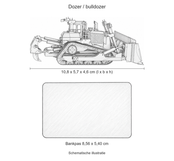 Schematische illustratie van de metalen dozer, 10,8 cm lang en 4,6 cm hoog, op gelijke schaal met een bankpas van 8,56 x 5,40 cm