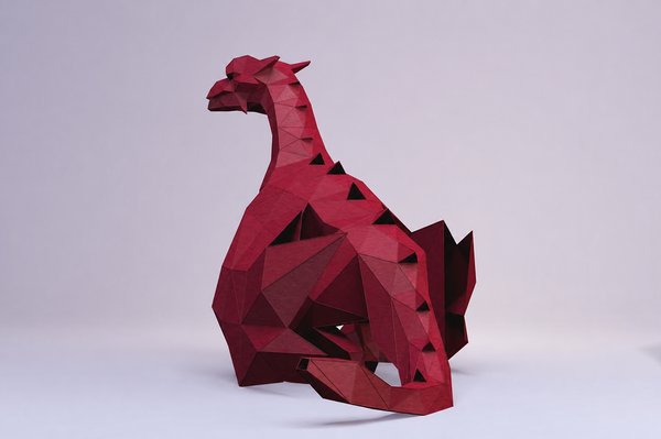 Rode low-poly papieren draak van schuin achteren met gevouwen vleugels