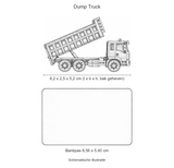 Schematische illustratie van de metalen Dump Truck met geheven bak, 8,2 cm lang en 5,2 cm hoog, op gelijke schaal met een bankpas van 8,56 x 5,40 cm